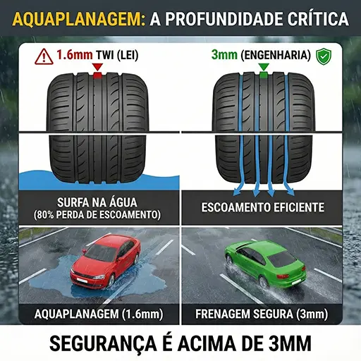 Infográfico de engenharia comparando a área de contato de um pneu com o asfalto molhado. O pneu com 1.6mm perde contato (aquaplanagem) a 80km/h, enquanto o de 3mm mantém aderência.