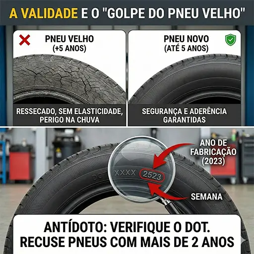 Lateral de um pneu novo exibindo o código DOT de 4 dígitos, indicando a semana e o ano de fabricação para verificação de validade.