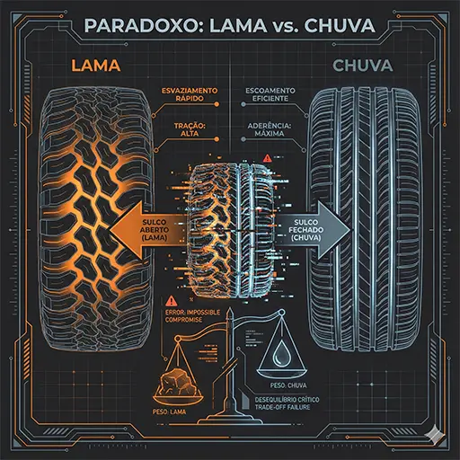 Gráfico comparativo dividido: lado esquerdo mostra sulcos abertos para lama (pneu off-road) e lado direito mostra sulcos fechados para chuva (pneu HT), ilustrando a impossibilidade física de ter ambos em pneus para caminhonetes.