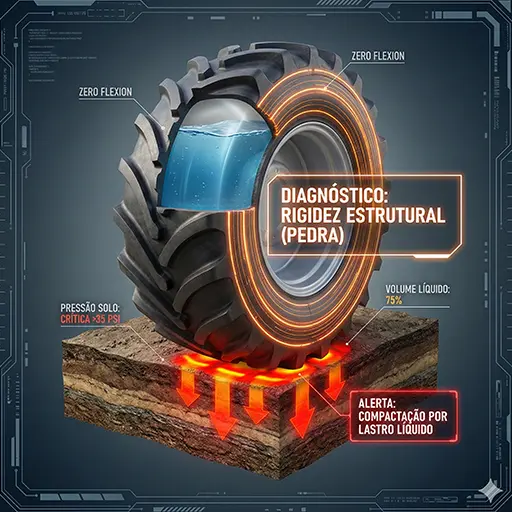 Corte transversal realista de um pneu radial agrícola preenchido com 75% de água (hidroinflação). Gráficos digitais mostram "Zero Flexão" e rigidez estrutural excessiva comparado ao lastro sólido.