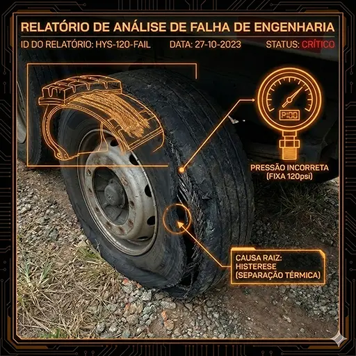 Foto forense de pneu de caminhão estourado na estrada, com a banda de rodagem separada da carcaça de aço. Interface digital aponta para o erro de 'Pressão Fixa 120psi' e diagnostica falha por Histerese (aquecimento interno).