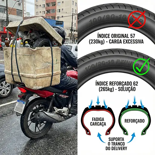 Motocicleta de entrega (CG 160) com baú carregado. Close comparativo no pneu traseiro: à esquerda, um pneu com Índice de Carga baixo deformado (bolha lateral); à direita, um pneu REINF (Reforçado) mantendo a estrutura íntegra. Destaque para o código numérico na lateral do pneu.
