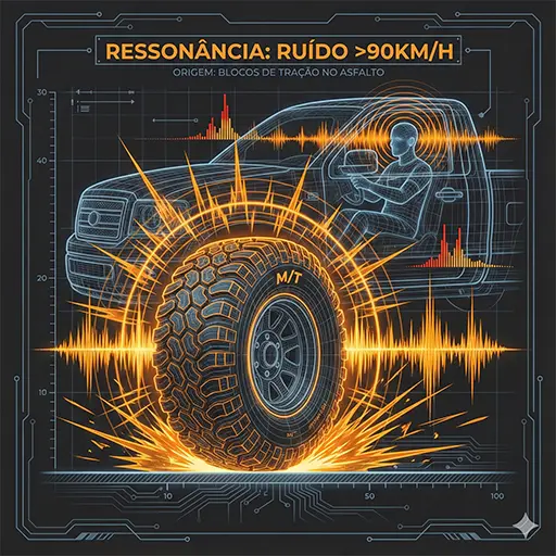 Diagrama técnico mostrando ondas sonoras laranja geradas por pneu MUD (cravos grandes) batendo no asfalto e invadindo a cabine da picape, causando ruído e fadiga auditiva.