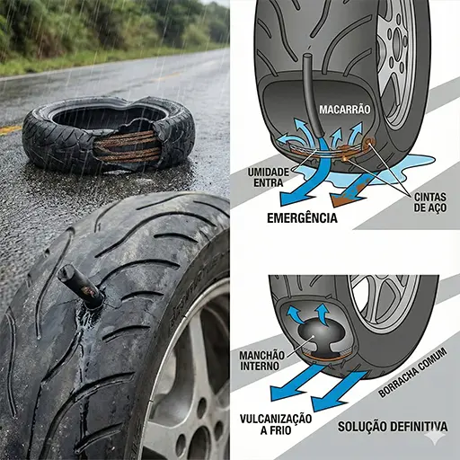 Corte transversal 3D de um pneu de moto mostrando um reparo tipo "macarrão" permitindo infiltração de água e ferrugem na cinta de aço interna, comparado ao manchão vulcanizado que veda totalmente o furo.