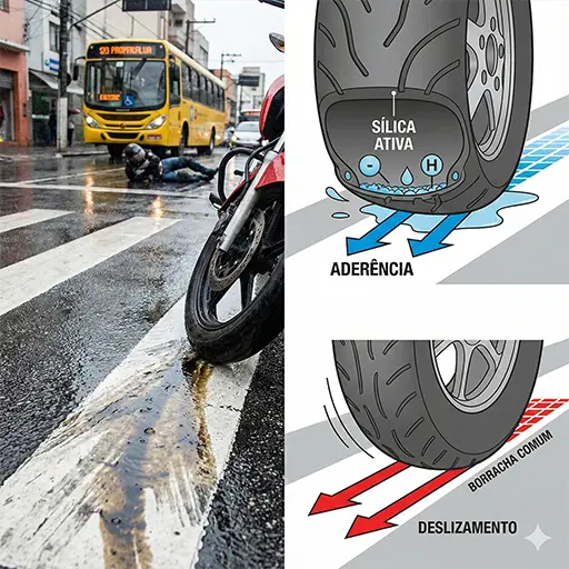 Close-up técnico de um pneu de moto com tecnologia de Sílica Ativa tracionando sobre uma faixa de pedestre molhada, contrastando com um pneu de composto duro (negro de fumo) perdendo aderência. Detalhe para a drenagem de água nos sulcos.
