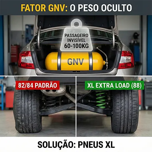 Close-up na roda traseira de um carro com cilindro GNV, mostrando o pneu com 'barriga' lateral devido ao índice de carga incorreto para o peso extra.