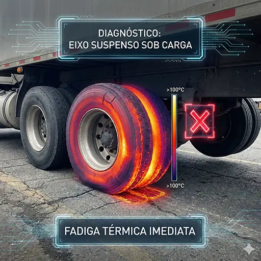 Imagem diagnóstica de caminhão carregado com eixo suspenso. Mapa de calor digital (termografia) sobreposto mostra temperatura crítica nos pneus que estão no chão, visivelmente deformados e esmagados pelo excesso de peso.