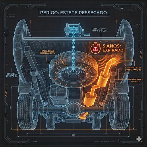 Esquema técnico da parte inferior do chassi de uma picape (Hilux/S10) mostrando o estepe próximo ao calor do escapamento e sinais de borracha ressecada e expirada.