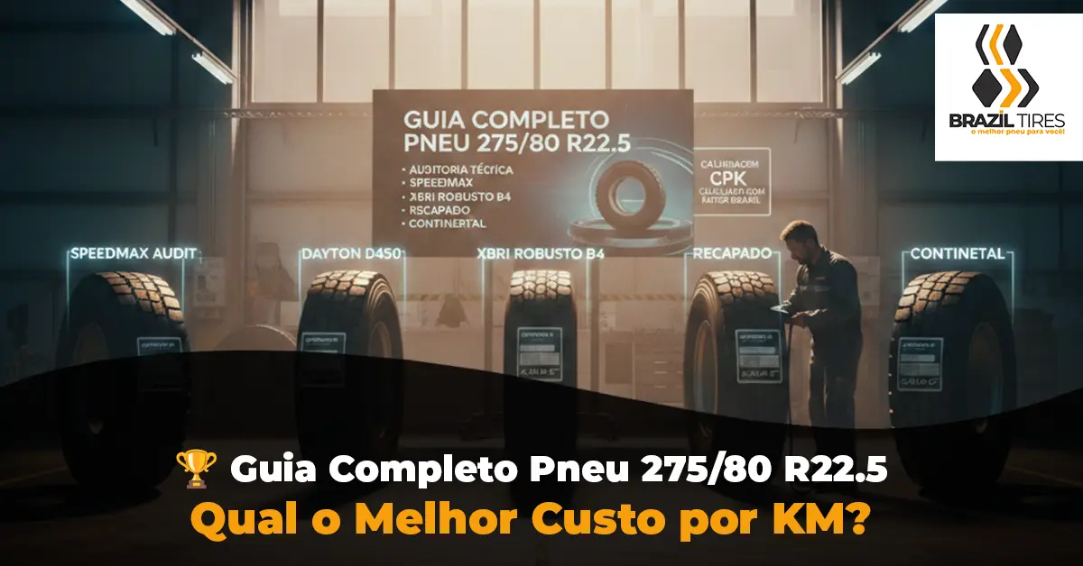 Comparativo visual de pneu 275/80 R22.5 (275 80 22.5) para caminhão, analisando as bandas de rodagem dos modelos Speedmax, Dayton e Xbri para definir o melhor custo por km e durabilidade.
