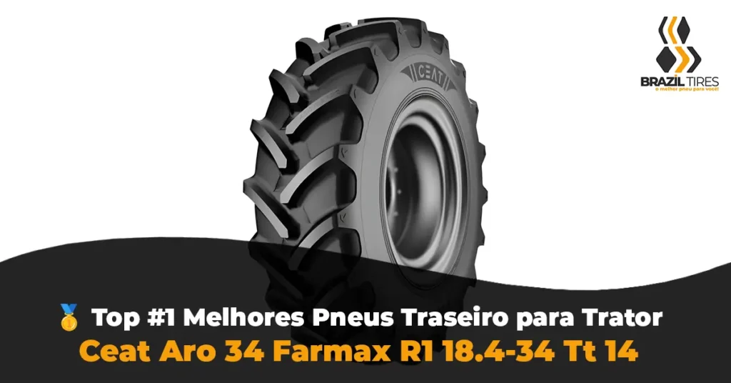 Pneu Ceat Farmax R1 disponível nas medidas 18.4-34 (14 lonas) e 14.9-28 (12 lonas). Tecnologia de garras profundas para reduzir a patinagem e economizar diesel na lavoura.
