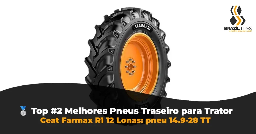 Pneu agrícola Ceat Farmax R1 medida 14.9-28 com 12 lonas. Tecnologia indiana de garras curvas para autolimpeza superior em solo úmido e menor patinagem.