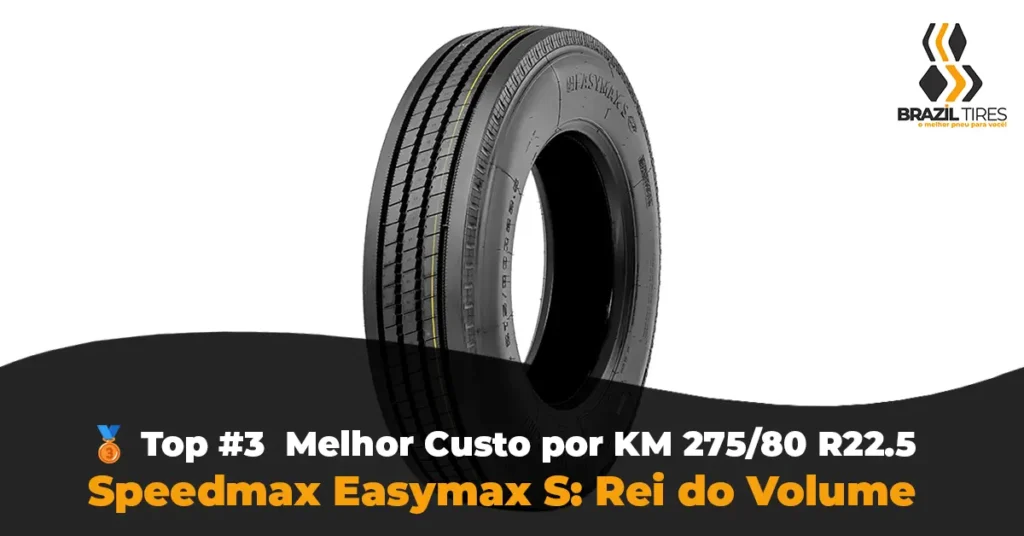 Detalhe da banda de rodagem do pneu 275 liso Speedmax Easymax S. Modelo de entrada para eixo direcional com foco em baixo custo de aquisição.